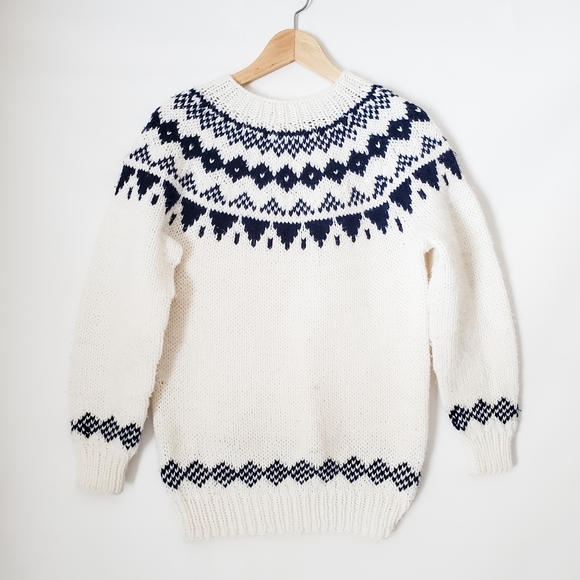 Vintage Handknit Blue & White Fair Isle Sweater Size X-Small - Medium - Picture 1 of 8